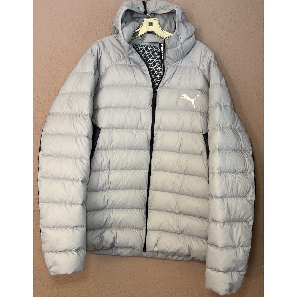 PUMA Gray W Black Down Hooded Puffer Coat Jacket 849355-14 Zip Front Outdoor XXL